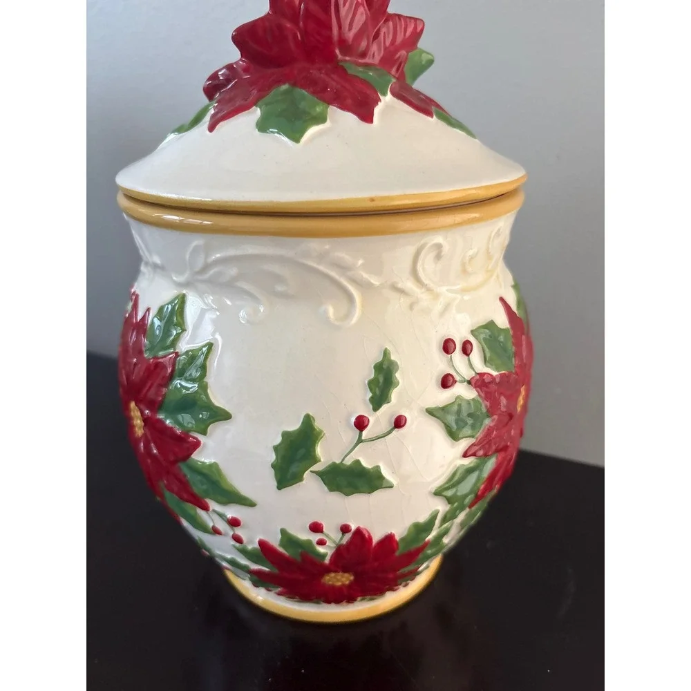 Christmas Poinsettia Ceramic Cookie Jar Holiday Canister Red Green White 3D Lid